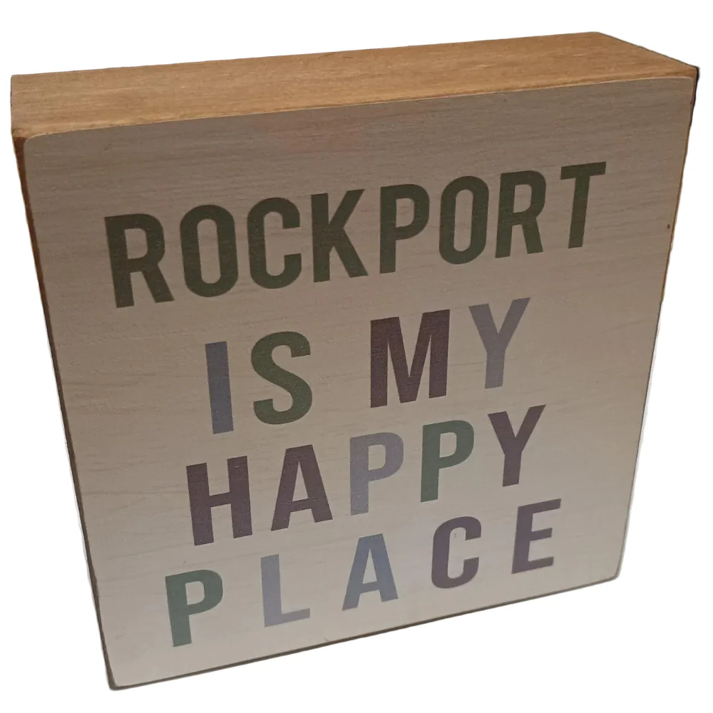 Rustic Marlin "Rockport is My Happy Place" Wooden Block - 5.5" x 5.5"