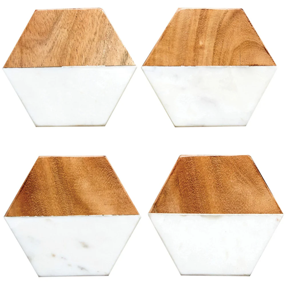 Hexagonal 4" White Marble & Mango Wood Coasters - 4 pc.