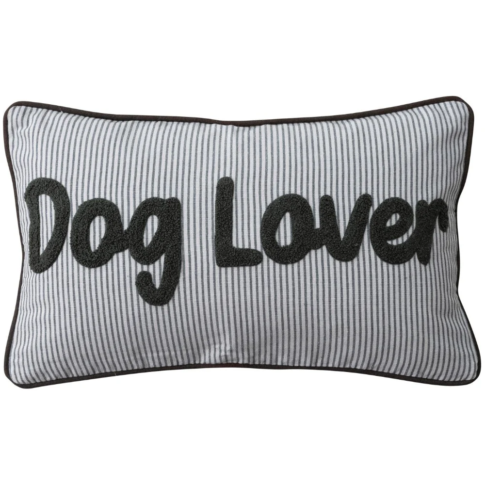 Tufted Cotton "Dog Lover" Embroidered Striped Lumbar Pillow - 12" x 20"