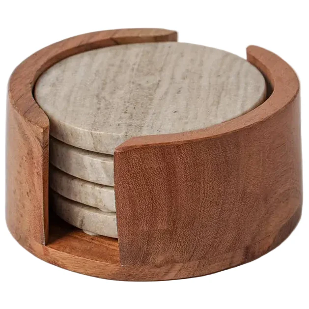 Verve 4" Natural Marble Coasters w/ Wooden Caddy - 5 pc.