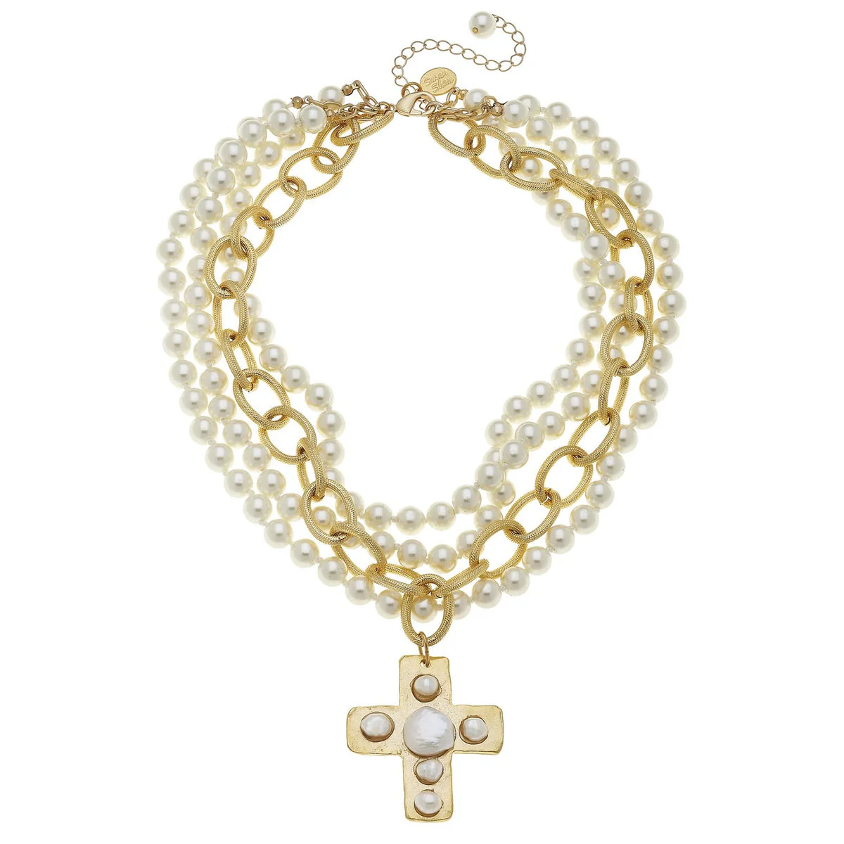 Susan Shaw 3-Strand Pearl Cross Gold Necklace