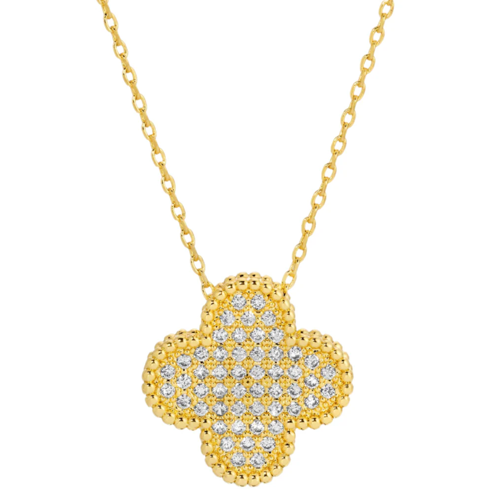 Splendid Iris Studded Clover Quatrefoil Pendant Necklace