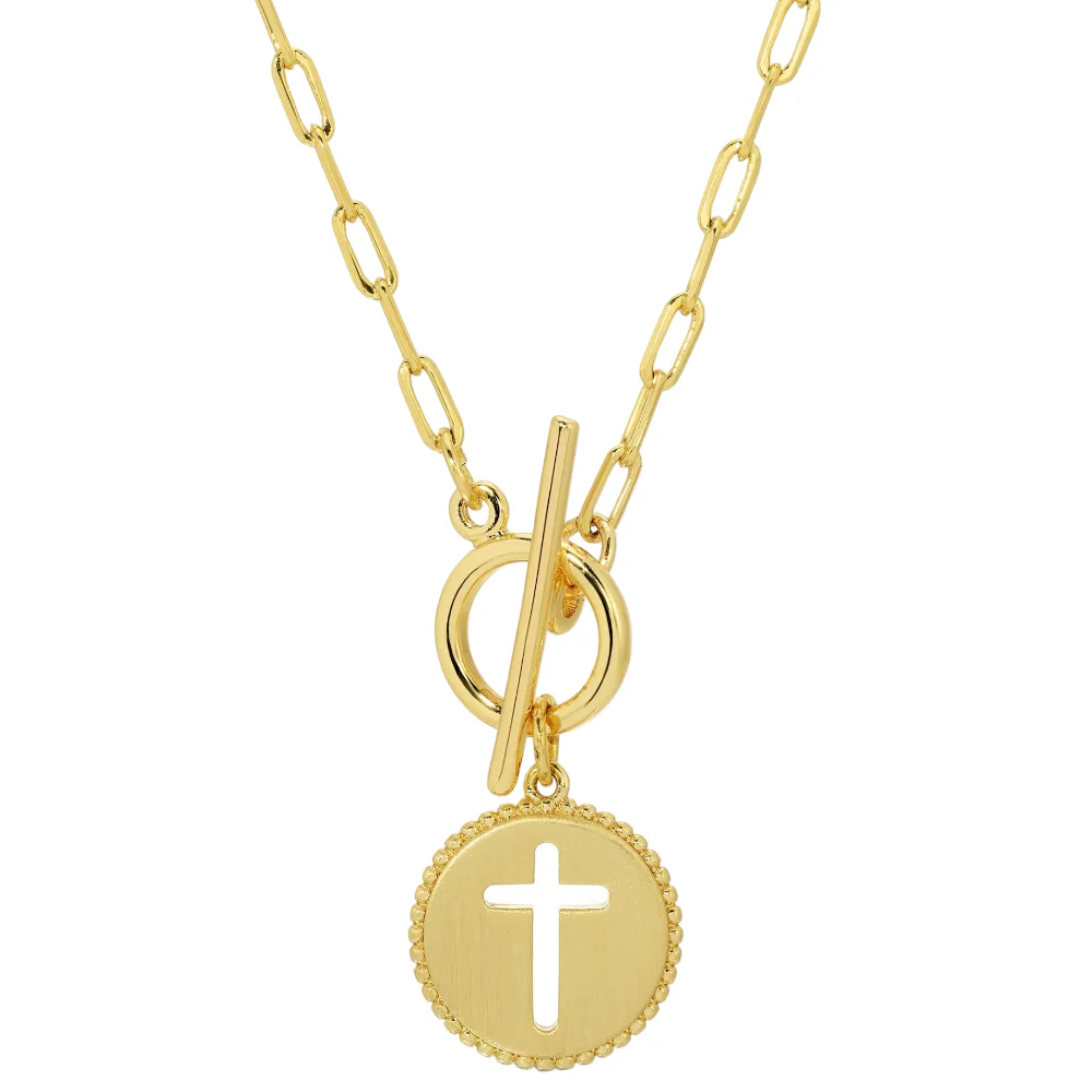 Splendid Iris Gold Plated Cross Pendant Toggle Necklace