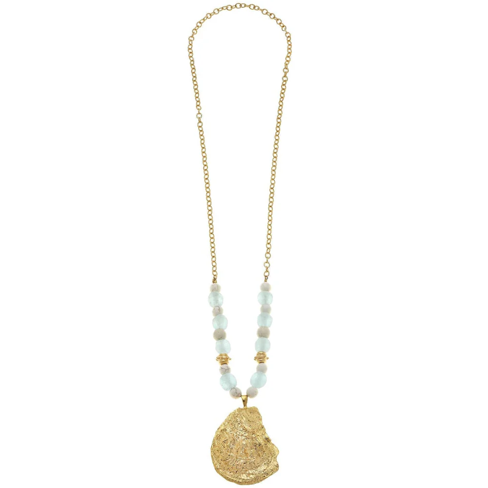 Susan Shaw Gold Oyster Pendant & Sea Glass Beads Necklace