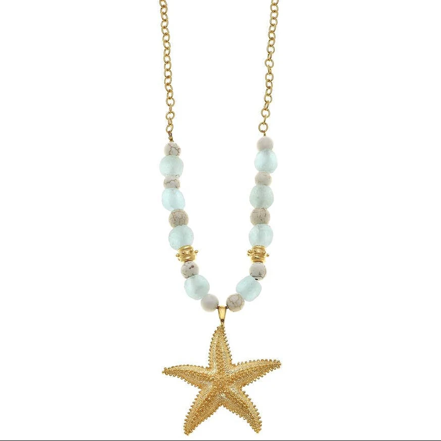 Susan Shaw Gold Starfish Pendant & Sea Glass Beads Necklace