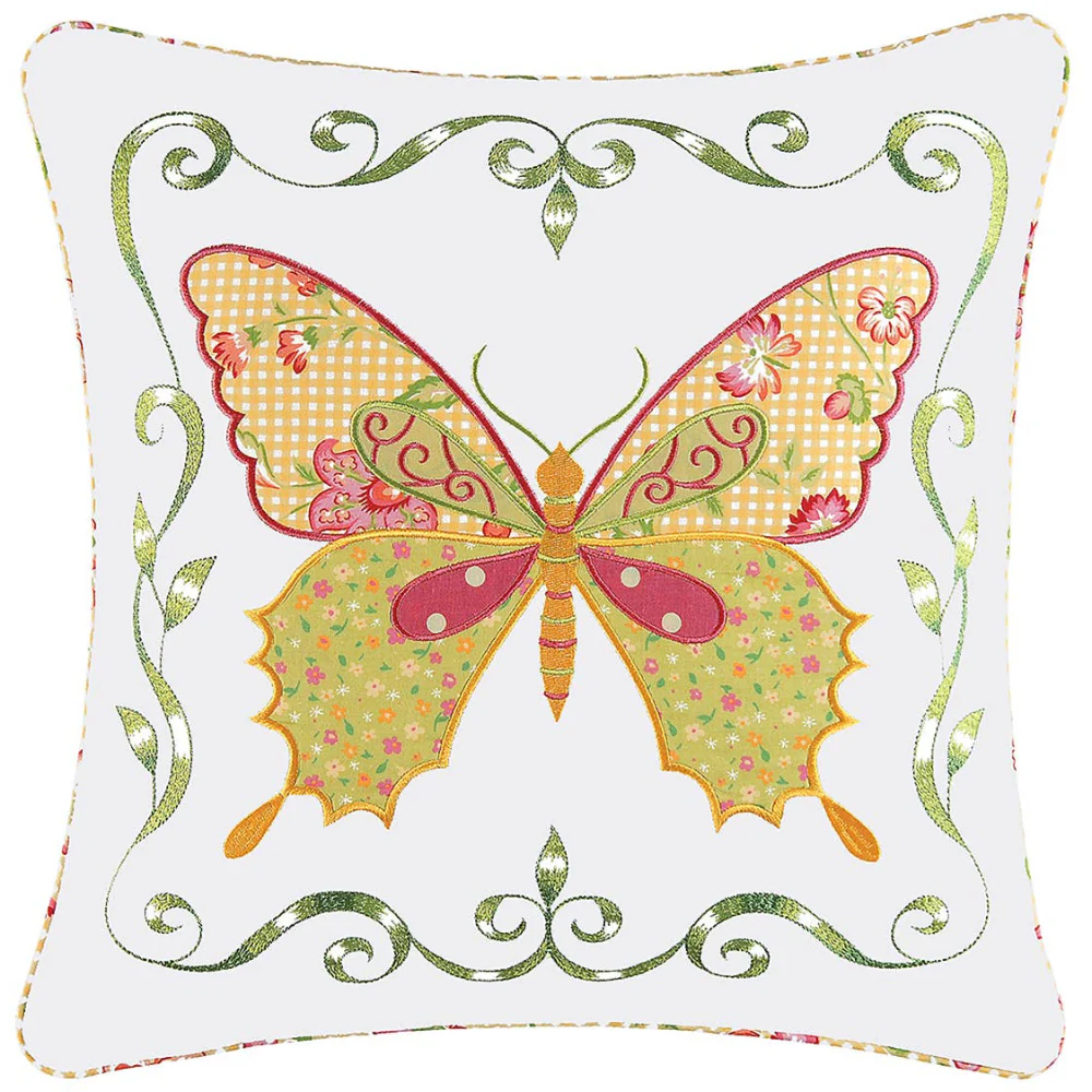 Embellished Pink Floral Butterfly Cotton Throw Pillow - 18" x 18"
