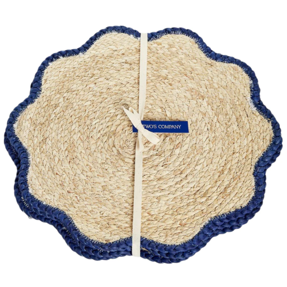 Handwoven 15" Scalloped Seagrass Placemats (Blue Trim) - 4 pc.