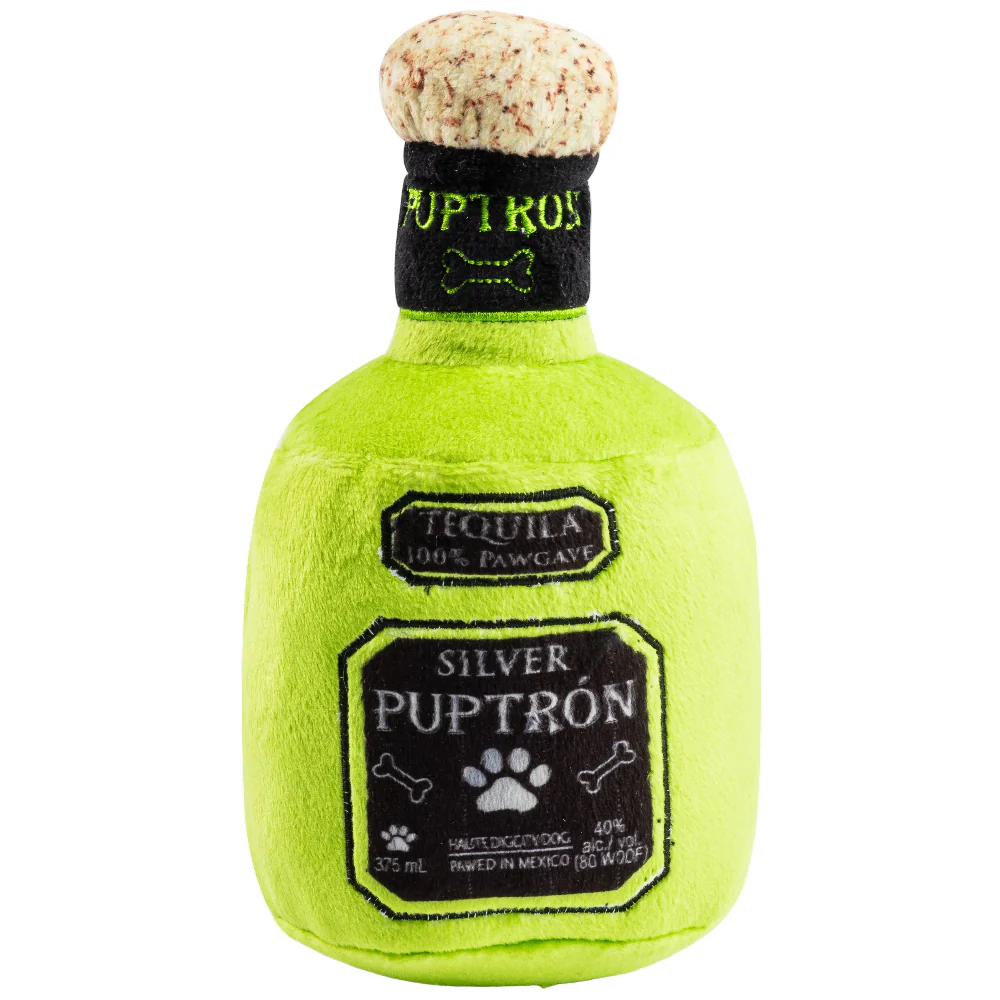 "Silver Puptron" Plush Tequila Bottle Dog Toy - 7.5"