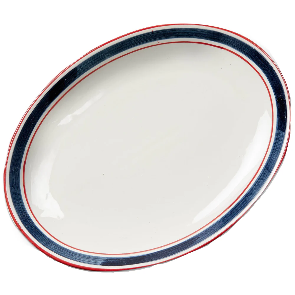 TAG White Glazed Stoneware Platter w/ Navy & Red Stripes - 12" x 13.25"