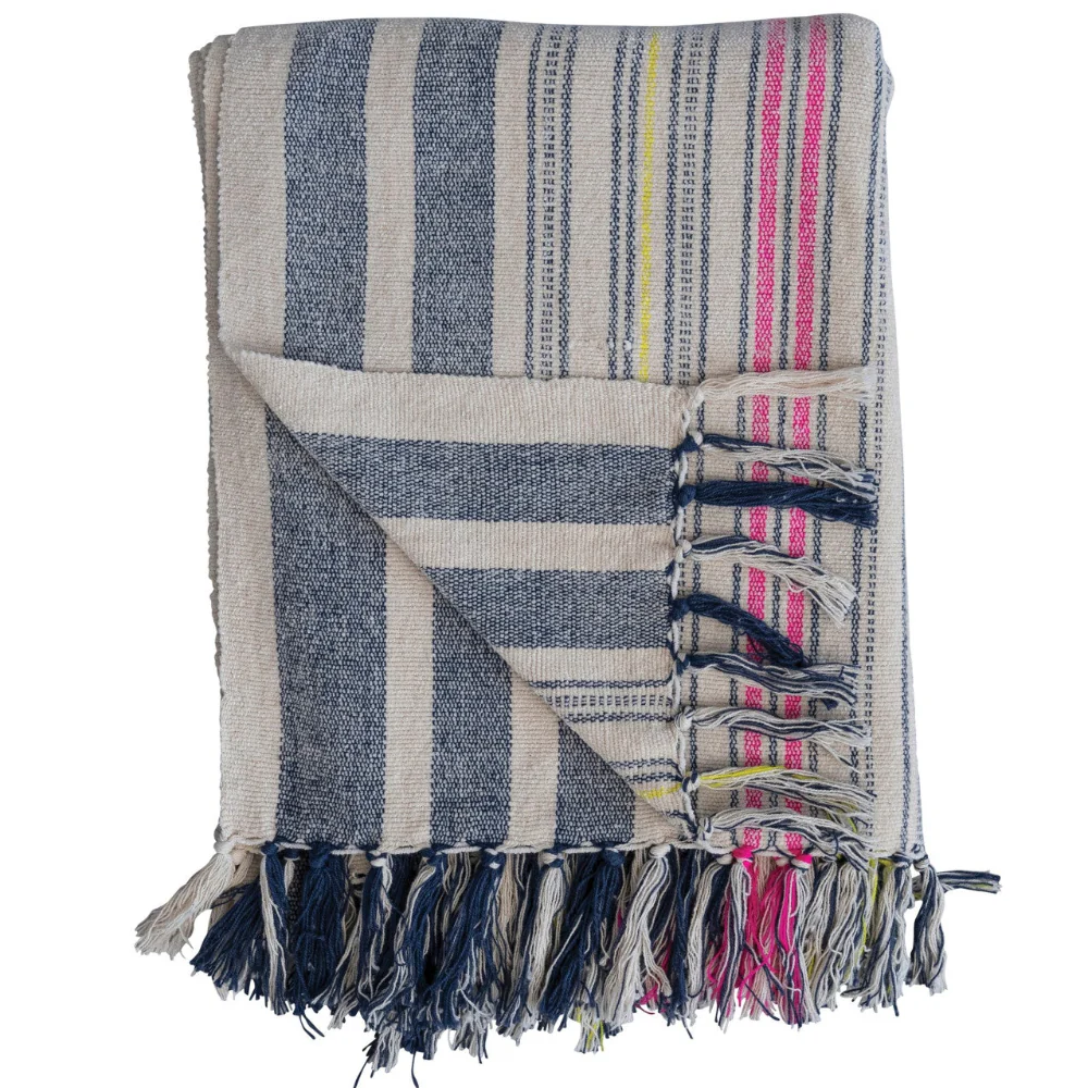 Multicolored Blue & White Frilled Striped Cotton Throw Blanket - 50" x 60"