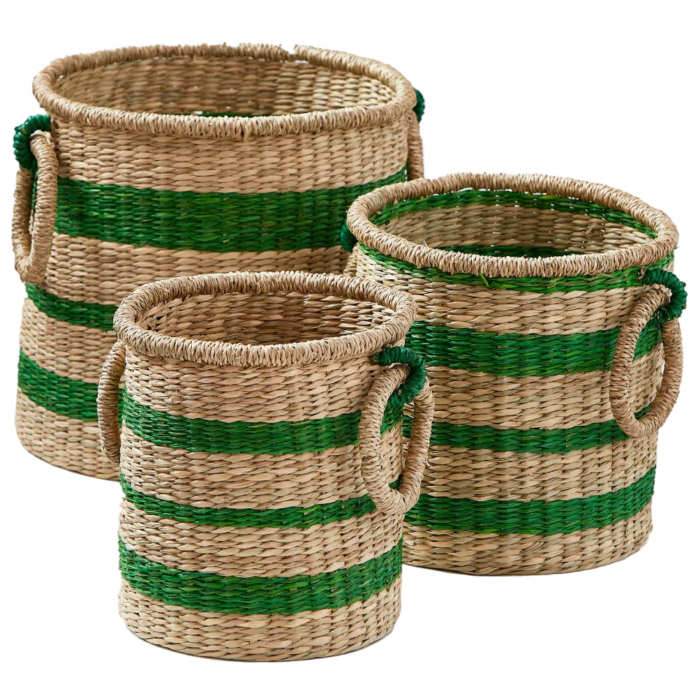 TAG Handled Green Stripe Seagrass Baskets